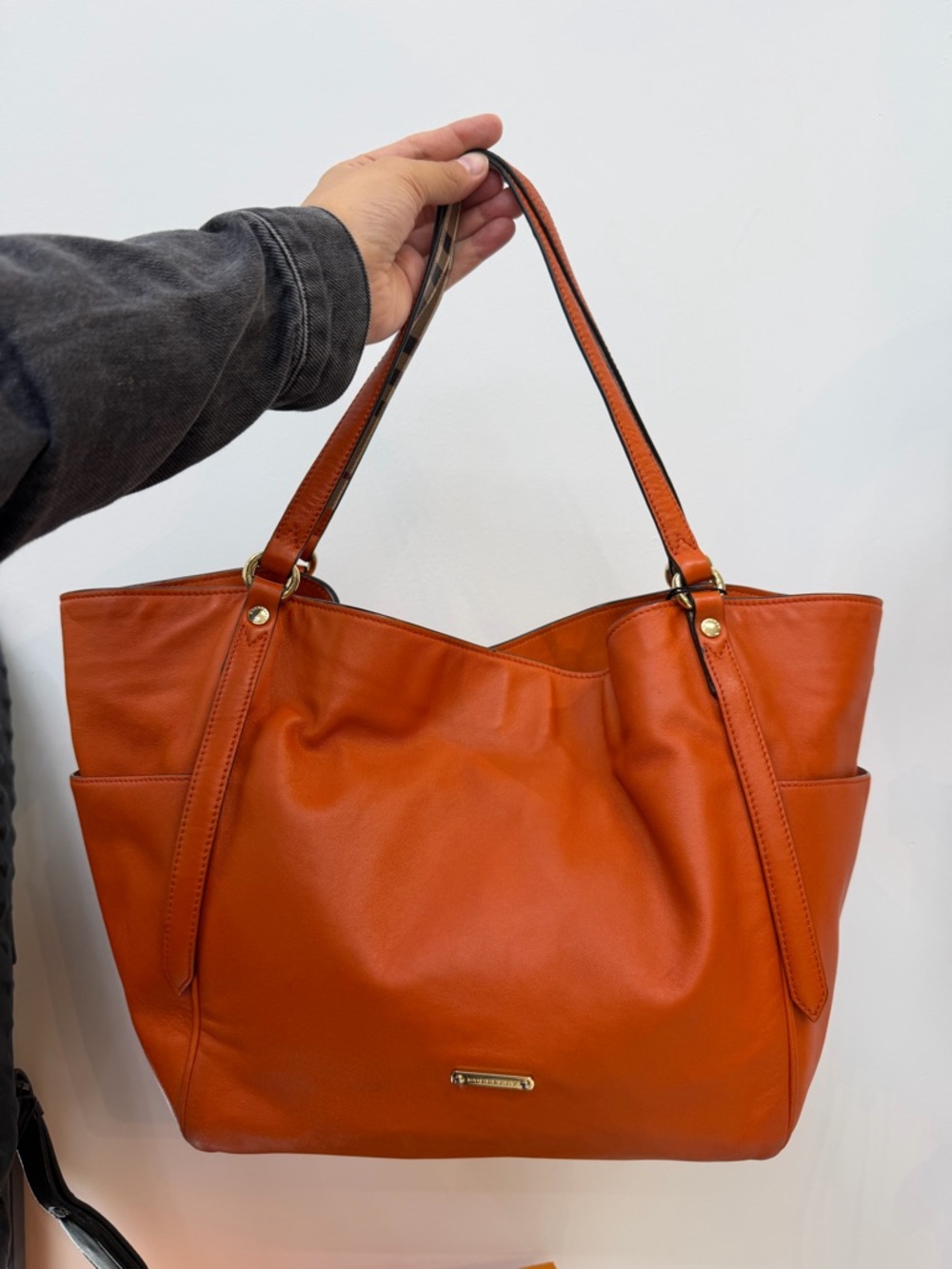 Burberry Orange Leather Shoulder Hobo with Plaid Trim with dusty bag - Picture 3 of 7